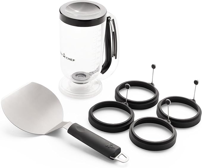 Camp Chef Breakfast Kit - Flat-Top Griddle Accessories Includes Pancake Batter Dispenser, Griddle Spatula & 4 Egg Rings