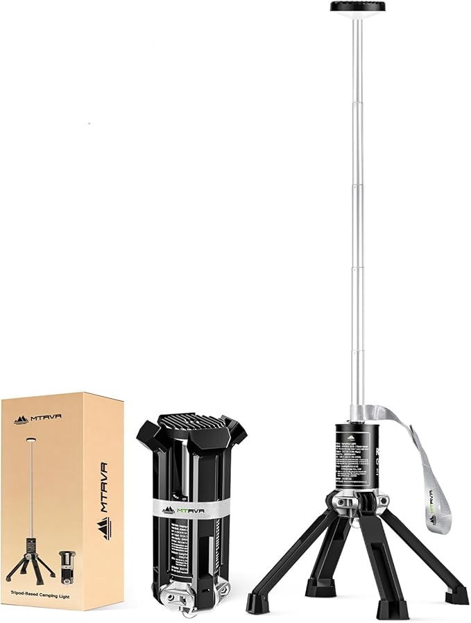 MTRVR Premium Telescopic Camping Lantern – 20000mAh Rechargeable LED Outdoor Light, IP44 Water-Resistant, Aluminum Telescopic Pole & Foldable Tripod – 21H Long-Lasting Emergency, RV & Camping Lighting
