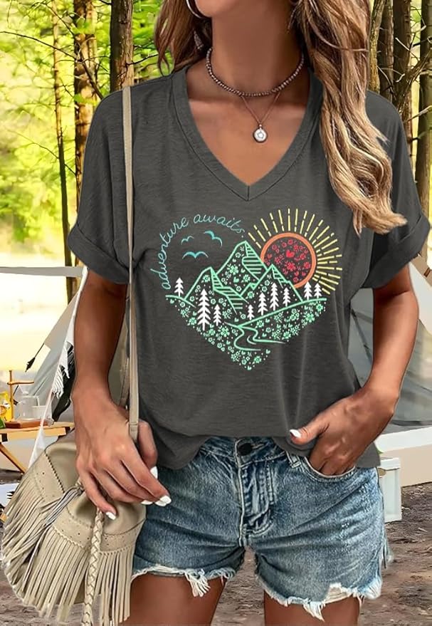 Graphic V Neck Shirt for Women Boho Floral Wildflowers Tee Casual Cottagecore Summer T-Shirt Blouse