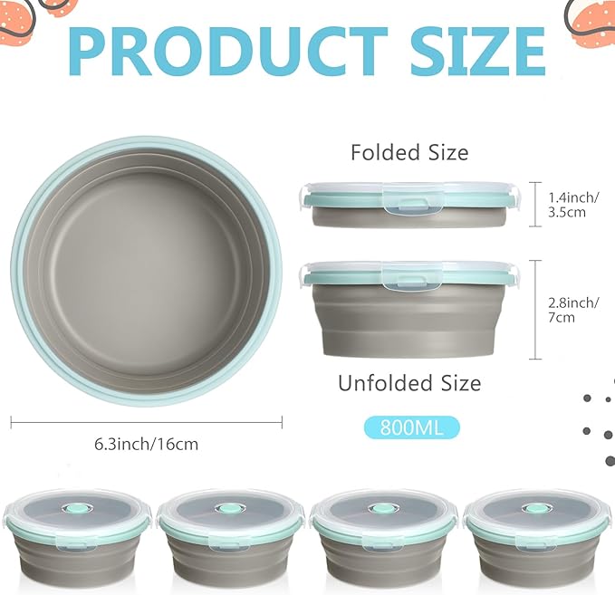 Suclain 4 Pcs Collapsible Bowls with Lids Silicone Camping Food Storage Container Expandable Folding Salad Lunch Box Travel Container for Hiking Camping