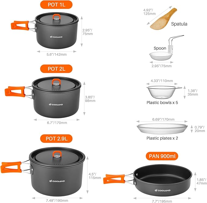 Odoland 15pcs Camping Cookware Non-Stick Lightweight Camping Pots and Pans Set with Kettle Plastic Plates Bowls Soup Spoon for Camping, Backpacking, Outdoor Cooking and Picnic