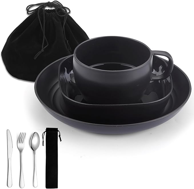 Camping Utensils, ReaNea Camping Plates and Bowls Set with Coffee Mug, Travel Cutlery Include Spoon, Fork, Knife for Home, Poolside, Outdoor, Picnic, Camp