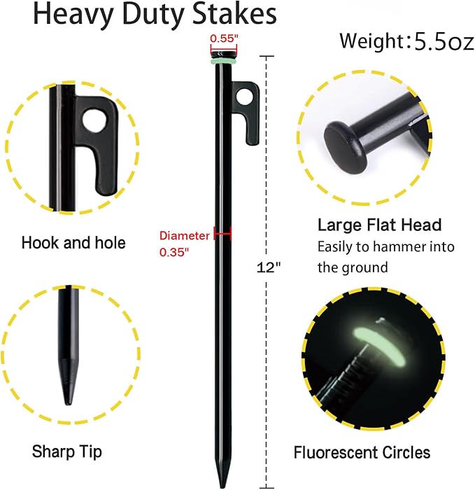 Tent Stake with Hammer, 12-Pack 12in Heavy Duty Tent Stakes + 10in Camping Hammer+Storage Pouch, Forged Steel Stakes for Camping Used on Rocks, Grassland(12Pcs 12in Tent Stakes and Hammer)