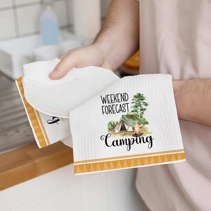 2Pcs Camping Kitchen Towels 24x14 Inch, Bonfire Forest Tent Rv Decor Waffle Weave Hand Towels for Kitchen, White Absorbent Microfiber Dish Cloth Tea Towel, Novelty Camping Gifts for Women Campers