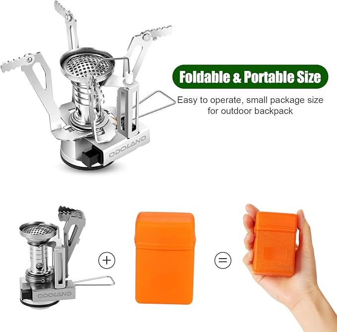 Odoland 8pcs Camping Cookware Mess Kit, Camping Pot and Pan Set with Mini Backpacking Stove, Stainless Steel Cup, Spork and Tank Bracket, Cooking Gear for Outdoor, Hiking, Picnic, Campfire