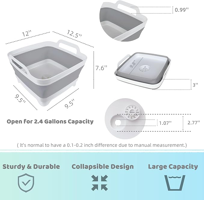 GIMWA Collapsible Wash Basin with Drain Plug - 2.4 Gallon Foldable Kitchen Sink for Baby Bottles, RV Camping, Space-Saving Dish Tub (Gray-Gray)