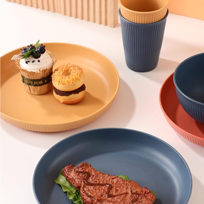 Lyellfe 44 Pieces Wheat Straw Dinnerware Sets, Unbreakable Camping Plates Cups and Bowls Set, Lightweight Kitchen Dish with Knives, Forks, Spoons, Dishwasher Microwave Safe