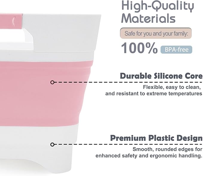 Collapsible Dish Basin with Drain Plug, 2.4 Gal 9L Foldable Wash Basin, Portable Sink Tub for Kitchen, Baby Bottles, Camping, RV, Vegetable Washing and Beverage Tub, Pink
