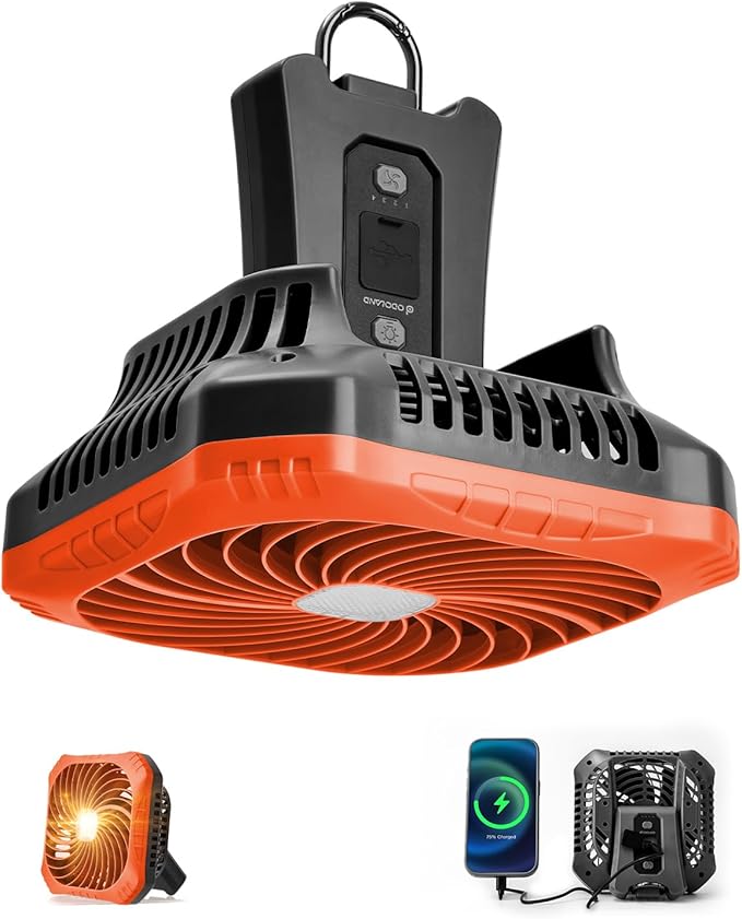 Odoland Portable Camping Fan with LED Lantern, 40H Rechargeable Battery Operated Quiet Tent Fan with Hanging Hook for RV Car Beach Outdoor Hurricane Emergency Outages