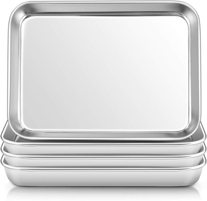 E-far Stainless Steel Kids Plates, 4 Pieces Small Metal Dinner Dish Set for Kids Toddler Child, 9.4” x 7.3” x 1”, Non-Toxic & Dishwasher Safe, Great for Self-Feeding/Picnic/Outdoor Camping