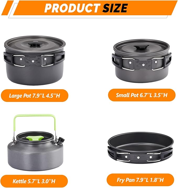 ROVSUN 34/10/6 pcs Camping Cookware Mess Kit, Lightweight Non-Stick Camping Cooking Pot and Pan Set with Stainless Steel Camping Gear Kettle Cup for Open Fire, Backpacking, Outdoor Cooking