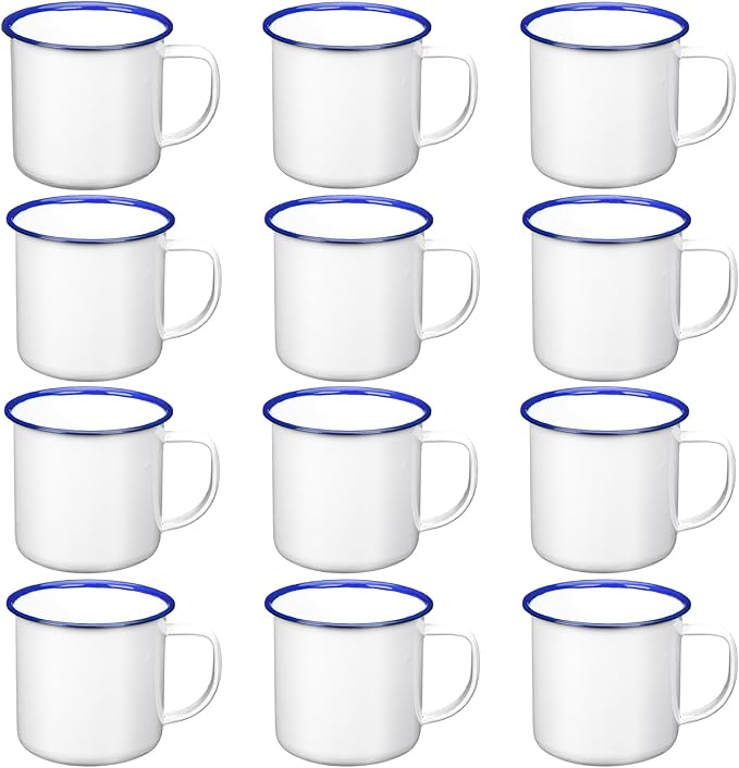 Yinder Mini Enamel Camping Coffee Mugs Metal Small Classic Portable White Campfire Mugs Bulk Vintage Cups with Handle for Coffee Tea Picnic Travel Indoor Outdoor Activities(12 oz, 12 Pcs)