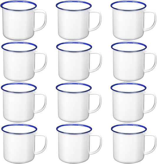 Yinder Mini Enamel Camping Coffee Mugs Metal Small Classic Portable White Campfire Mugs Bulk Vintage Cups with Handle for Coffee Tea Picnic Travel Indoor Outdoor Activities(12 oz, 12 Pcs)