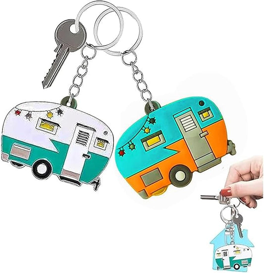 2 Pack Camper Keychain Set Happy RV Camper Keyring Couples Camping Accessories for Men Women Travel Trailers