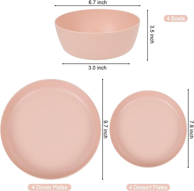 EI 12pcs Pink Wheat Straw Plates,Wheat Straw Dinnerware Set for 4,Plates and Bowls Sets,Plastic Plate Reusable,Unbreakable Plastic Plate Melamine,Camping Family Dishes Set