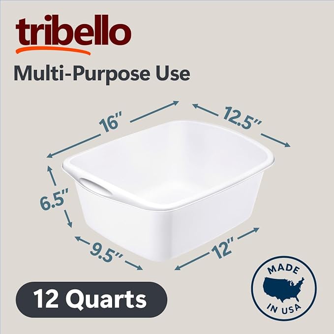 Tribello 2-Pack Dish Pans for Kitchen Sink, Plastic Tub Dishpan Wash Basin and Foot Bath for Soaking Feet, Wash Bucket for Washing and Storage Cleaning Supplies - 12 Quarts - Heavy Duty - (White)