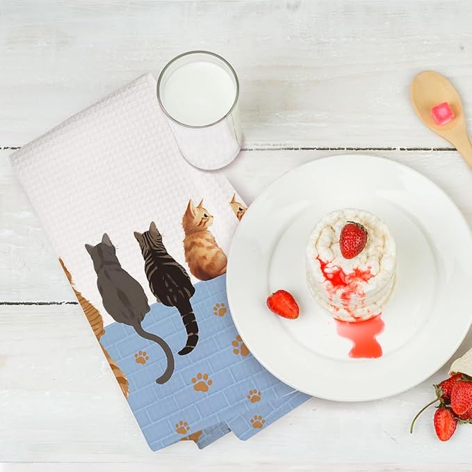 2PCS Cute Cat Kitchen Towels, Cats Paw Print Themed Gifts Reusable Absorbent Waffle Weave Dish Tea Towels for Cleaning Cooking, Cat Lovers Gifts for Women Microfiber Kitchen Towel, Housewarming Gift