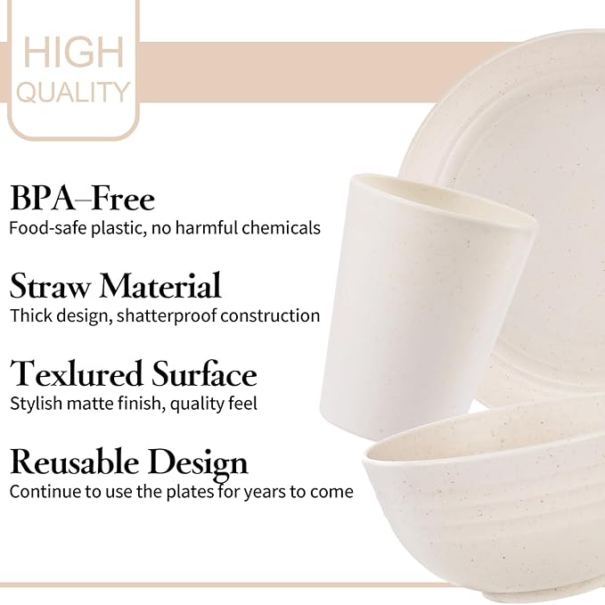 LIYH 28 Pcs Beige Wheat Straw Dinnerware Plates and Bowls Sets, Plastic Plates Reusable, Dinnerware Set for 4, Dish Set for Kitchen & Camping