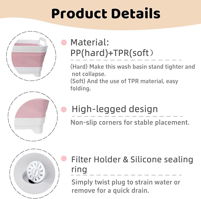 GIMWA Collapsible Wash Basin for Baby Bottles - 2.4 Gallons Portable Wash Bin for RV Camping Sink, Space-Saving Dish Tub (Pink)