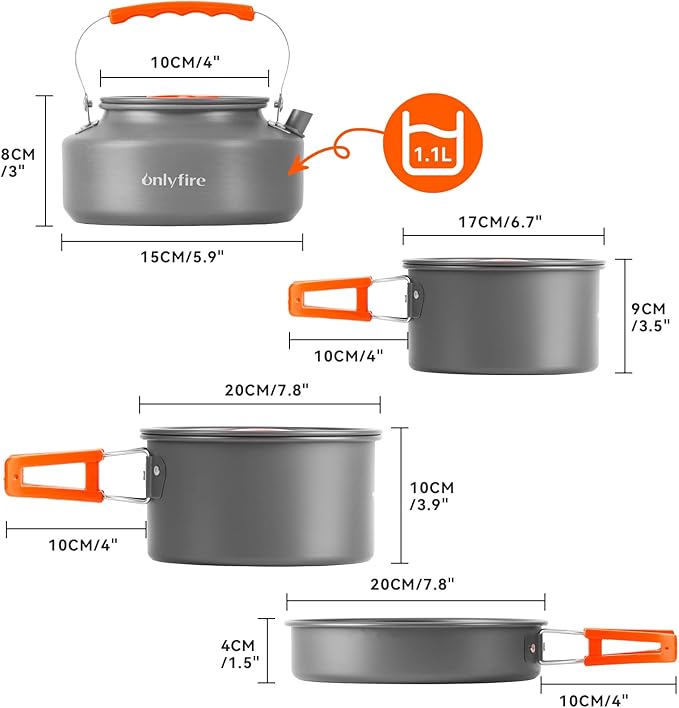 ONLYFIRE OUTDOOR LIVING14pcs Camping Cookware Set, Lightweight Nonstick Pots, Pan, Kettle, Utensils, Bowls, and Cleaning Tool with Mesh Bag for Camping Hiking Backpacking RV Tailgating Cooking, CT604