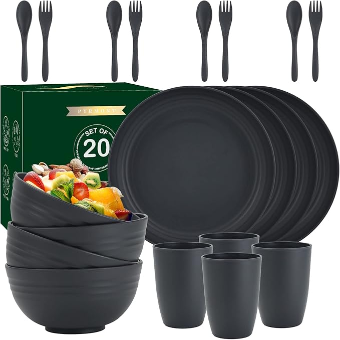 PYRMONT Wheat Straw Dishes Set for 4 Microwave Safe Plates and Bowls Sets 20-Piece Unbreakable Plastic Dinnerware Sets Alternative Dishwasher Plastic Plates for Kitchen,Outdoors-Dark Grey