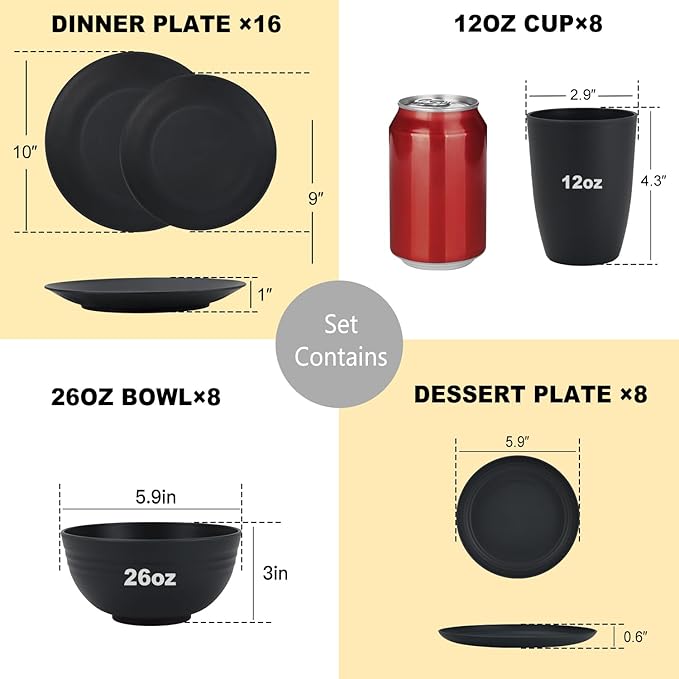 PYRMONT 40 PCS Plates and Bowls Set Wheat Straw Plate Bowl Set Unbreakable Dishes Set for 8 Dishwasher & Microwave Safe Dinner Sets for Kitchen,New House,Dorm-Black