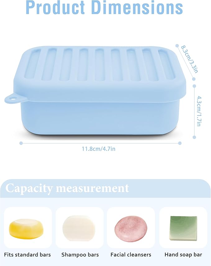 Silicone Travel Soap Case, Leak-Proof Bar Soap Container with Drain Tray, Portable Travel Soap Dish with Lid for Hiking, Gym, Camping, PortableToiletries Accessories (Blue)