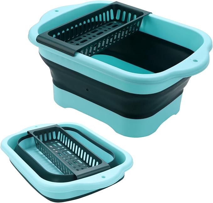 Collapsible Dish Basin with Drain Plug and Portable Sink, 11L(2.91 Gallon) collapsible Bucket with Sink, FoldableWash Basin for Station Campin/Camping/Rv/Kitchen (Green)
