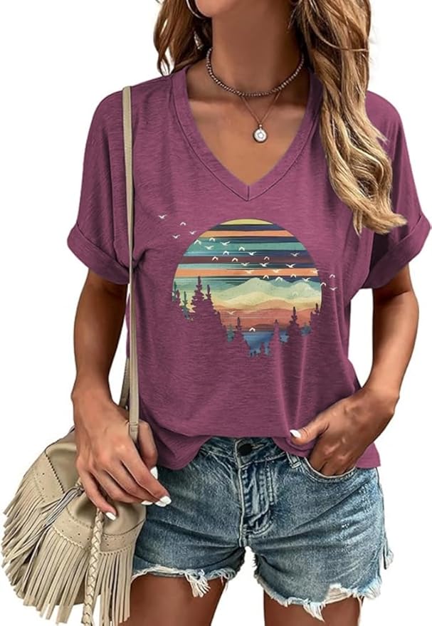 Graphic V Neck Shirt for Women Boho Floral Wildflowers Tee Casual Cottagecore Summer T-Shirt Blouse