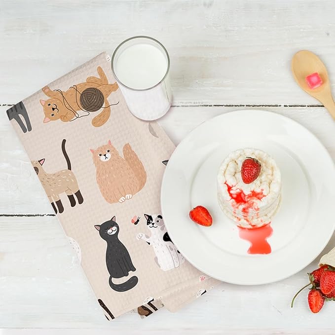 3PCS Cute Cat Kitchen Towels, Cat Themed Gifts Reusable Absorbent Waffle Weave Dish Tea Towels for Cleaning Cooking Baking, Cats Lovers Gifts for Women Microfiber Kitchen Towel, Housewarming Gift-3