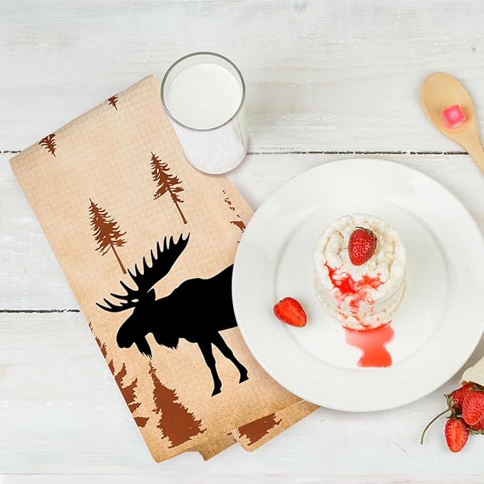 3PCS Wild Animal Deer Moose Bear Forest Camping Kitchen Towel for Campsite Cabin RV, Forest Wildlife Reusable Absorbent Waffle Weave Dish Tea Towels for Cleaning Cooking Baking, Camping Lovers Gifts