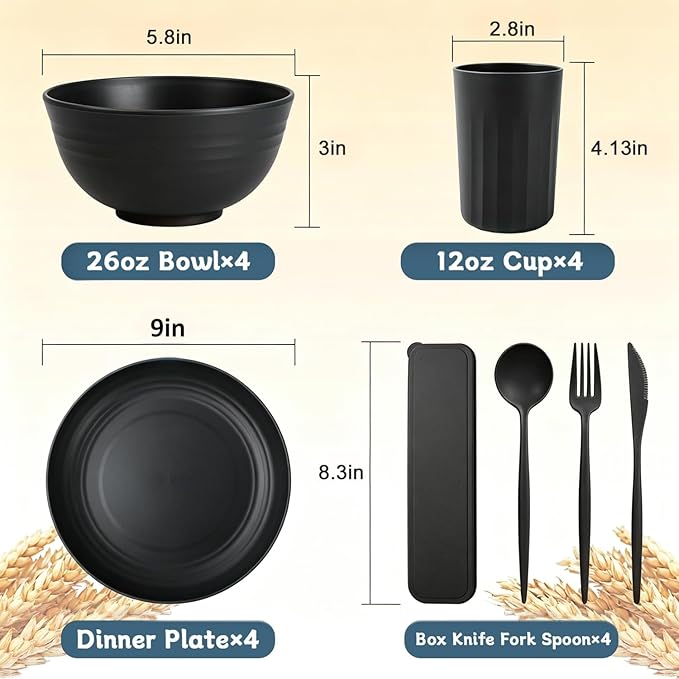 PYRMONT Dinnerware Set Wheat Straw Bowls and Plates Set Unbreakable Kitchen Dishes Service for 4 Microwave & Dishwasher Safe Plastic Dish Set for Camping,RV,Picnic-Black