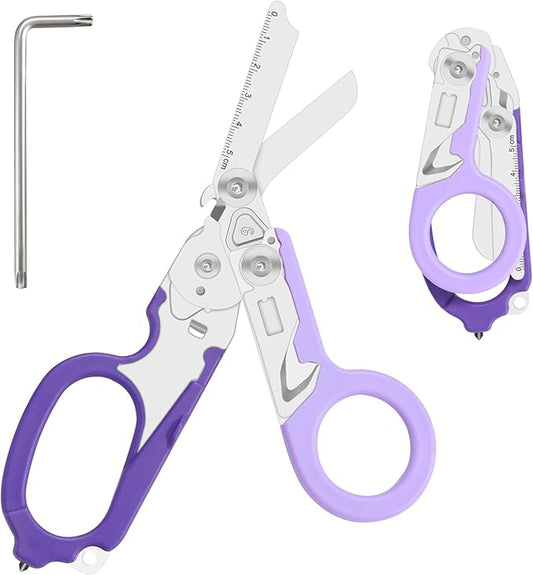 6-in-1 Heavy-Duty Emergency,trauma shears, Folding Retractable Emergency Shears, Outdoor Camping Tools, Seat Belt Cutter, Oxygen Cylinder Wrench, Complimentary Adjustable Wrench (Purple)
