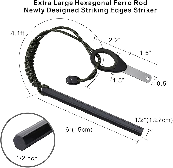 Ferro Rod Fire Starter, 6 inch X 1/2 inch Flint and Steel Fire Starter Kit with Paracord Lanyard Handle and Striker, Emergency Survival Tool for Your Hiking, Backpacking, Campfires and Camping