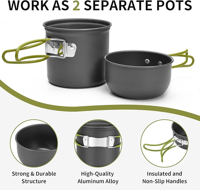 aiGear 8pcs Camping Cookware Mess Kit, Camping Pot and Pan Set with Mini Backpacking Stove, Stainless Steel Cup, Spork and Tank Bracket, Cooking Gear for Hiking Camping Outdoor Picnic
