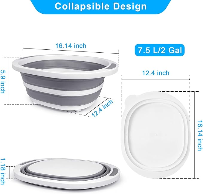 Collapsible Wash Basin, 7.5L Dish Tub Sink Basin Folding Dish Pans for Kitchen Sink, 2-in-1 Dishpan + Cutting Board, Portable Sink Dish Basin for Camping BBQ Prep Tub Washing Bin Bucket with Lid