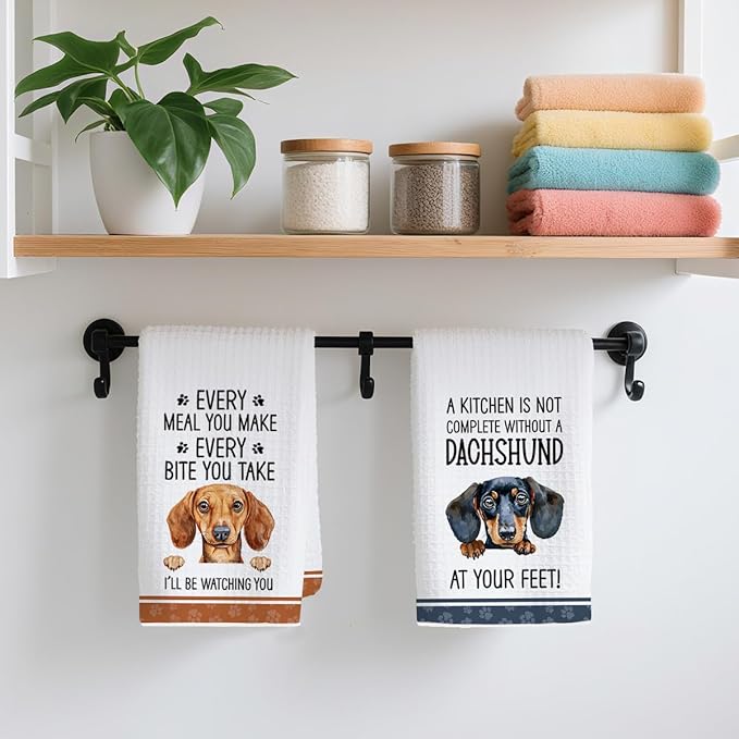 2Pcs Funny Dachshund Kitchen Dish Towels Set, Dachshund Gifts Waffle Weave Kitchen Towels, Wiener Dog Decorative Hand Tea Towels for Bathroom Kitchens, Wiener Dog Gifts for Women