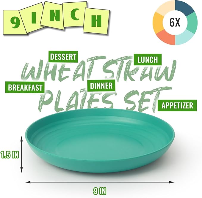 Wheat Straw Plates, 9 in Deep Dinner Plates Set of 6, Alternative Plastic Plates Reusable, Unbreakable Microwave and Dishwasher Safe Kids Plate for Kitchen, Camping, Multi
