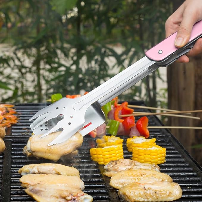 ROXON S601 14" 6 in 1 MBT3 Folding Grill Utensils Set Fork Spatula Grilling Knife Tongs Opener for Backyard Barbecue and Camping (Pink)