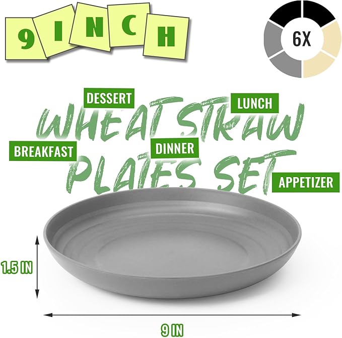 Unbreakable Deep Dish Plates 6-Piece Set, 9 Inch Wheat Straw Dinner Plates, Reusable Plastic Plates for Kids & Adults, Lightweight Microwave and Dishwasher Safe Plate Set, Grey Stone