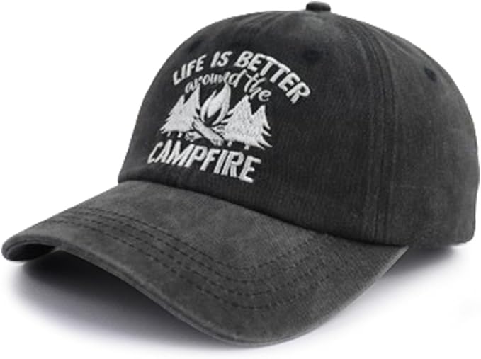 Campfire Hats for Women Men, Outdoor Camping Essentials, Camp Birthday Party Decorations Baseball Cap, Funny Camping Gifts for Campers Dad Mom Friends Black