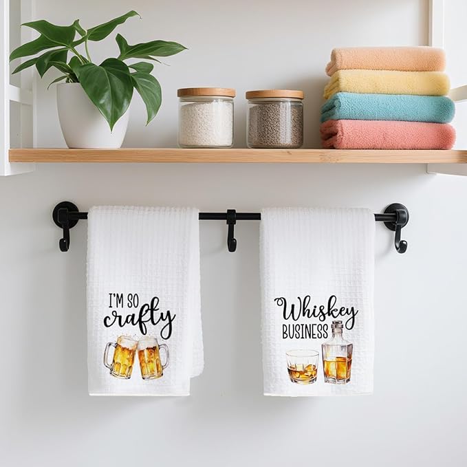 2Pcs Funny Kitchen Towels 24x14 Inch, Beer Whiskey Alcohol Decor Waffle Weave Hand Towels for Kitchen Bar, White Absorbent Microfiber Dish Cloth Tea Towel Housewarming Gifts for Women Hostess