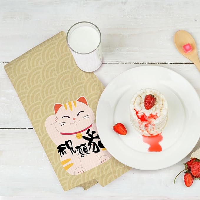 2PCS Cute Lucky Cat Kitchen Towels, Waving Cat Themed Gifts Waffle Weave Dish Tea Towels for Bathroom, Cats Lovers Gifts for Women Microfiber Kitchen Towel, Housewarming Gift
