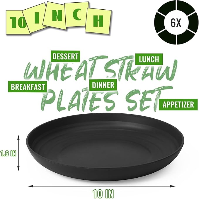 10 Inch Deep Dinner Plates Set of 6, Wheat Straw Unbreakable Plastic Plates, Reusable Microwave Safe Plates, Dishwasher Safe Lightweight for Kitchen, Outdoor, Camping, Black