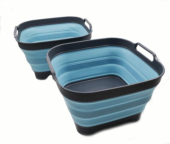 SAMMART 10L (2.64 Gallon) Collapsible Dishpan with Draining Plug - Foldable Washing Basin - Portable Dish Washing Tub - Space Saving Kitchen Storage Tray (2, Grey/Sea Angel)