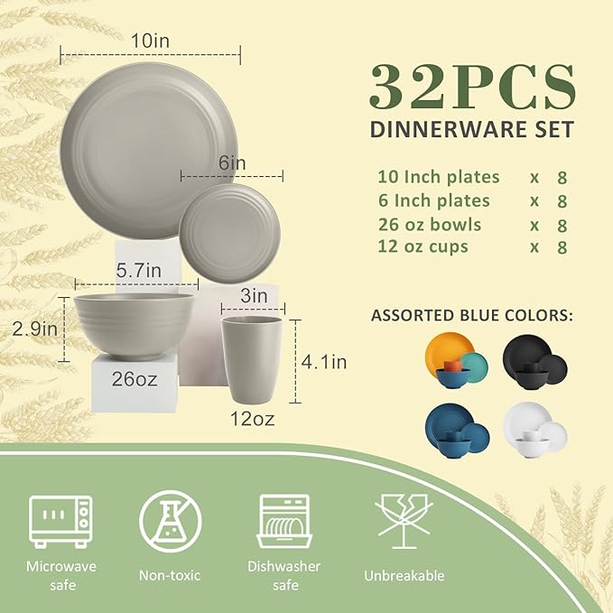 Wrova 32-piece Kitchen Alternative Melamine Wheat Straw Dinnerware Sets,Unbreakbale Dishwasher Safe Kitchen Bowls and Plates Sets with Cups,Apartment Essential Dishes Set for 8.Grey Series