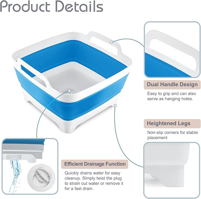 2.4 Gal(9L) Collapsible Dish Basin with Drain Plug, Space Saving Outdoor Multiuse Foldable Sink Tub, Dishpan, Kitchen Storage Tray for Camping, Vegetable Washing, RV (Blue)