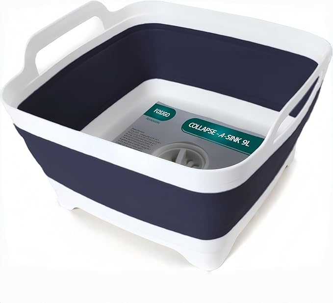 FOSJGO Collapsible Dish Basin with Drain Plug, 2.4 Gal (9L) Space-Saving Foldable Sink, Wash Basin for Kitchen, Baby Bottles, Vegetable Washing, Camping, RV and Party Beverage Tubs
