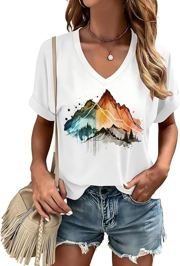 Graphic V Neck Shirt for Women Boho Floral Wildflowers Tee Casual Cottagecore Summer T-Shirt Blouse