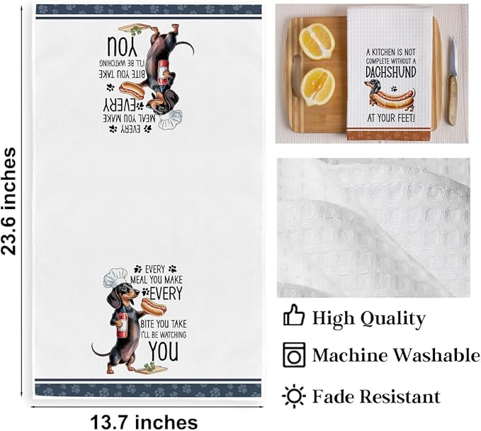 2Pcs Funny Dogs Kitchen Towels 24x14 Inch, Cute Dachshund Waffle Weave Dish Towels for Kitchen Home, White Absorbent Microfiber Hand Tea Towel, Weiner Dog Gifts for Women Dog Lovers 1